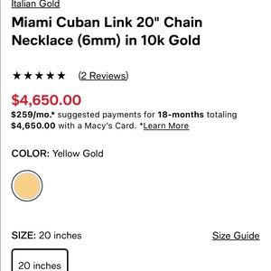 Miami Link Cuban Link 20” chain. Necklace 6mm in 10k gold.